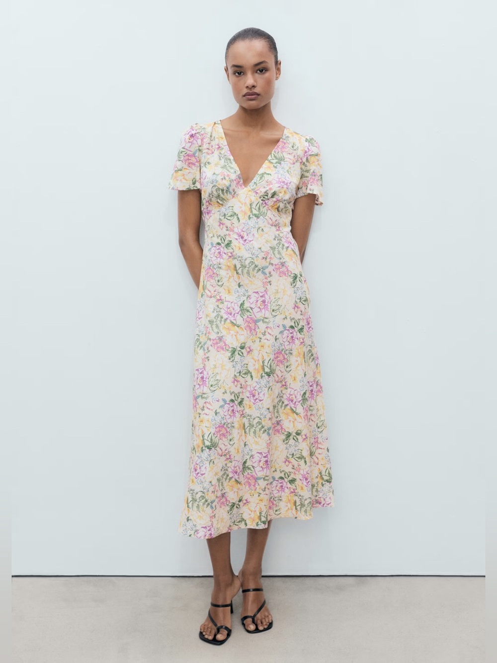 MANGO Floral V-Neck Linen blend Midi Dress
